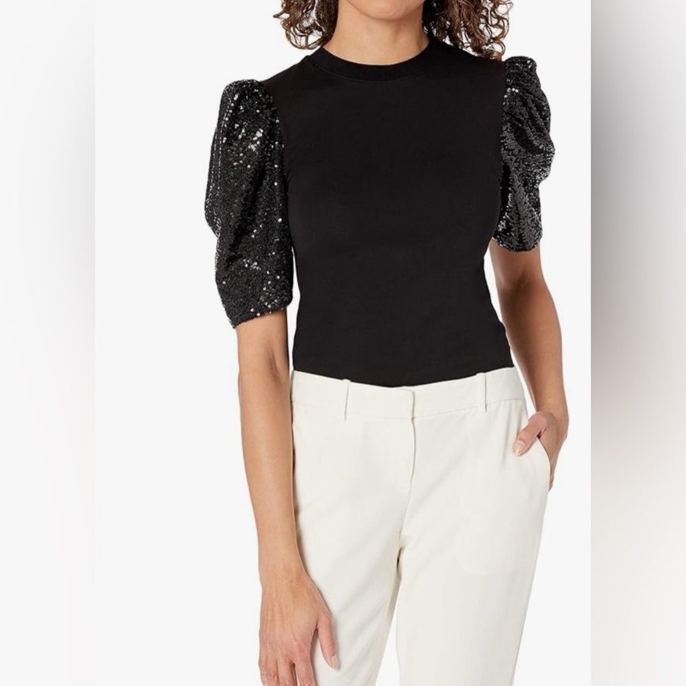NWT- Rachel Zoe Black Top Size Medium  Sequin Sleeve Top